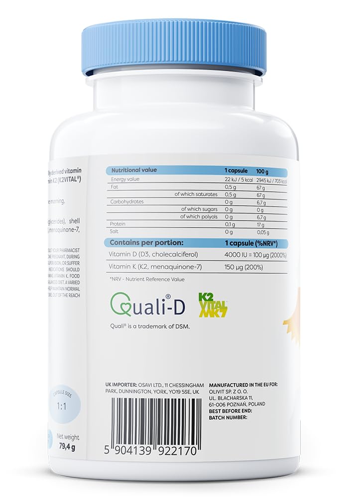 OSAVI Osavi Vitamin D3 + K2, 4000 IU + 150 μg – 120 Softgels | Supports Bone, Teeth & Immune Health | High–Potency Formula with Quali®–D & K2VITAL® | MCT Oil for Optimal Absorption