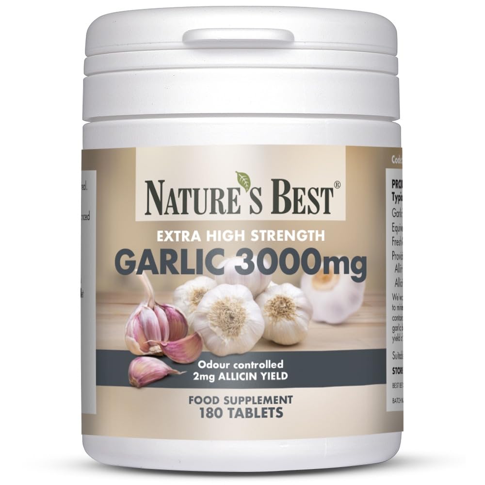 NATURE'S BEST Nature's Best Garlic Tablets 3000mg - High Strength & Rich in Allicin - Taste Controlled & Odthisless - Equivalent to 3000mg of Fresh Garlic - UK Made - 180 Tablets (6 Months' Supply)