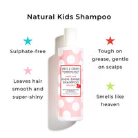Spots & Stripes - Happy Hair High Shine Shampoo for Girls, 92% Natural Kids Shampoo with Virgin Coconut and Vanilla, Leaves Hair Smooth, Sweet-Smelling and Fantastically Shiny, Sulphate Free (250ml)