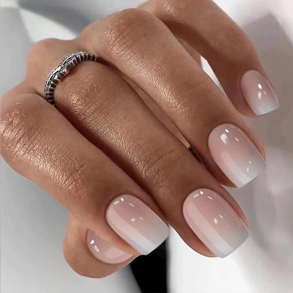 MouyouGlow Short False Nails, Square Pink Gradient White Chrome Glazed Donut Hailey Bieber Press on Nails with Glue, Natural Pink Ombre White Solid Fake Nails
