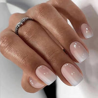 MouyouGlow Short False Nails, Square Pink Gradient White Chrome Glazed Donut Hailey Bieber Press on Nails with Glue, Natural Pink Ombre White Solid Fake Nails