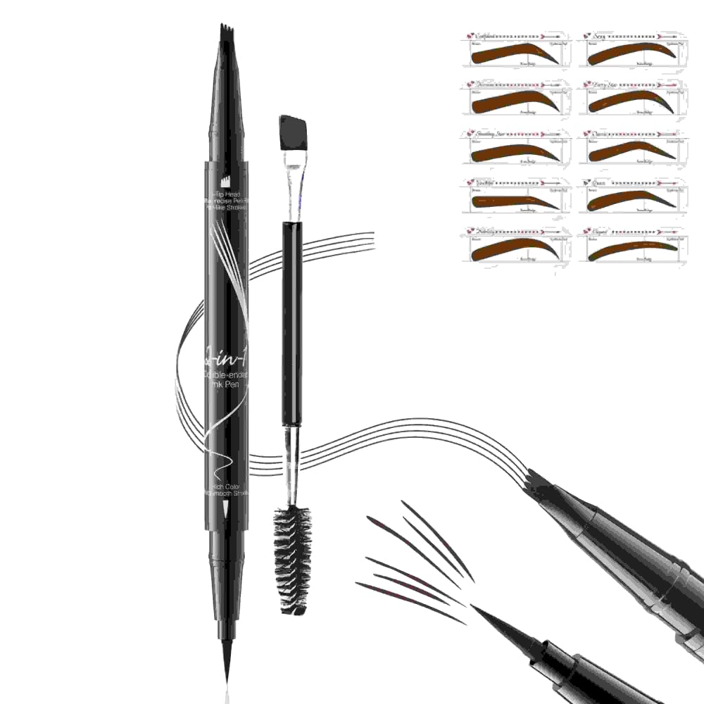 MAYEON Waterproof Dual-Ended Brow Pencil with 4-Prong Comb & Microblade Tip - Ultra-Fine Hair-Like Strokes, Smudge/Sweat Proof Formula(Includes Eyebrow Stencils & Brush) (Dark Brown)