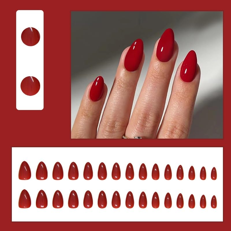 JUSTOTRY 24 Pcs Blood Red Solid Almond False Nails Short Press on Nails Pattern,Glossy Fake Nails Medium for Nail Art,French Oval Stick on Nail for Women Gifts