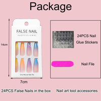 Albiuev 24PCS Long False Nails with Glue Stickers,Almond Full Cover Acrylic and Press on Nails no Glue,Pure Gradient French Fake Nails Stick for Women and Girls Nail Art
