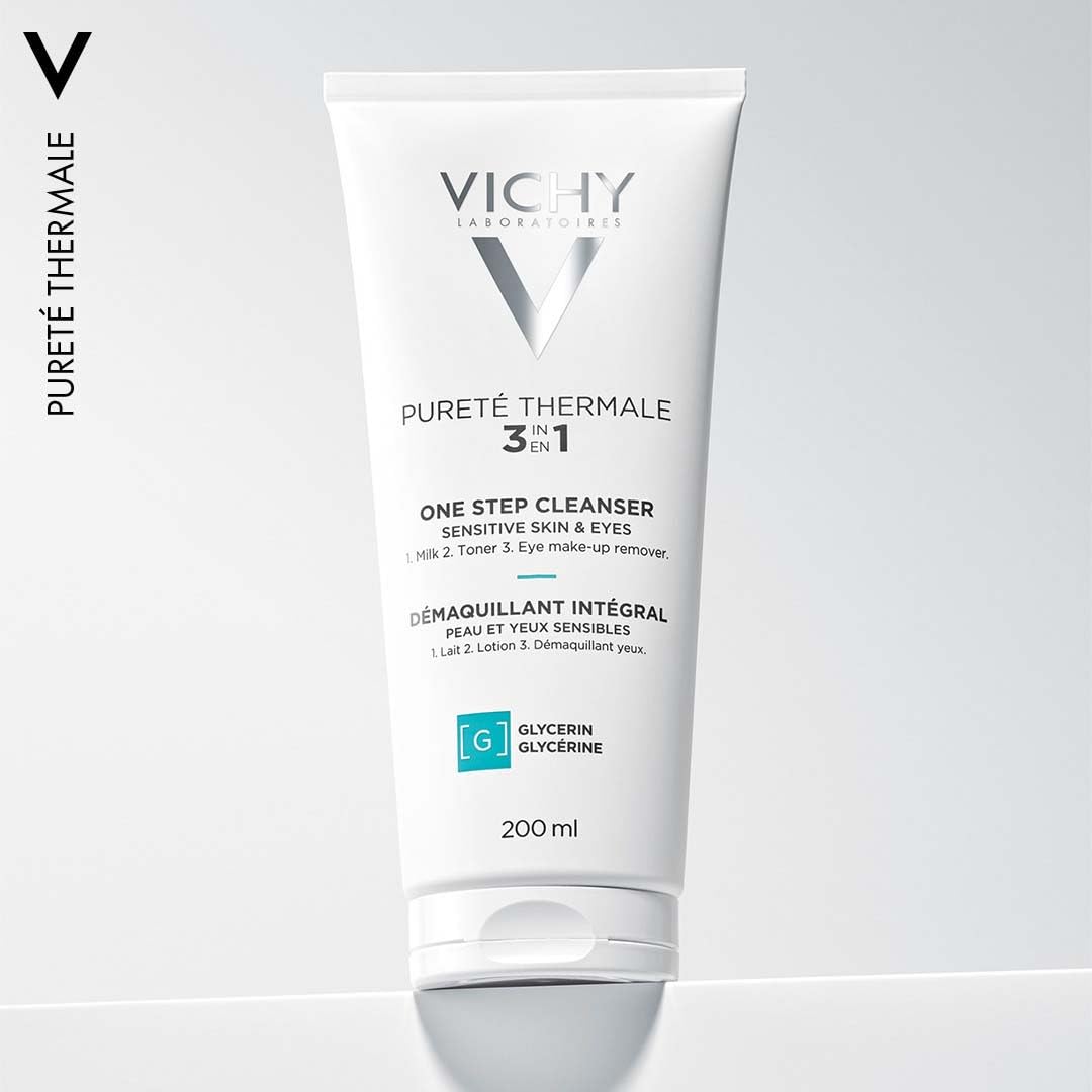 VICHY Vichy Pureté Thermale 3-in-1 One Step Cleanser, Triple Action Makeup Remover, Cleansing Milk and Toning Lotion for Sensitive Skin, Enriched with Volcanic Water, 200ml