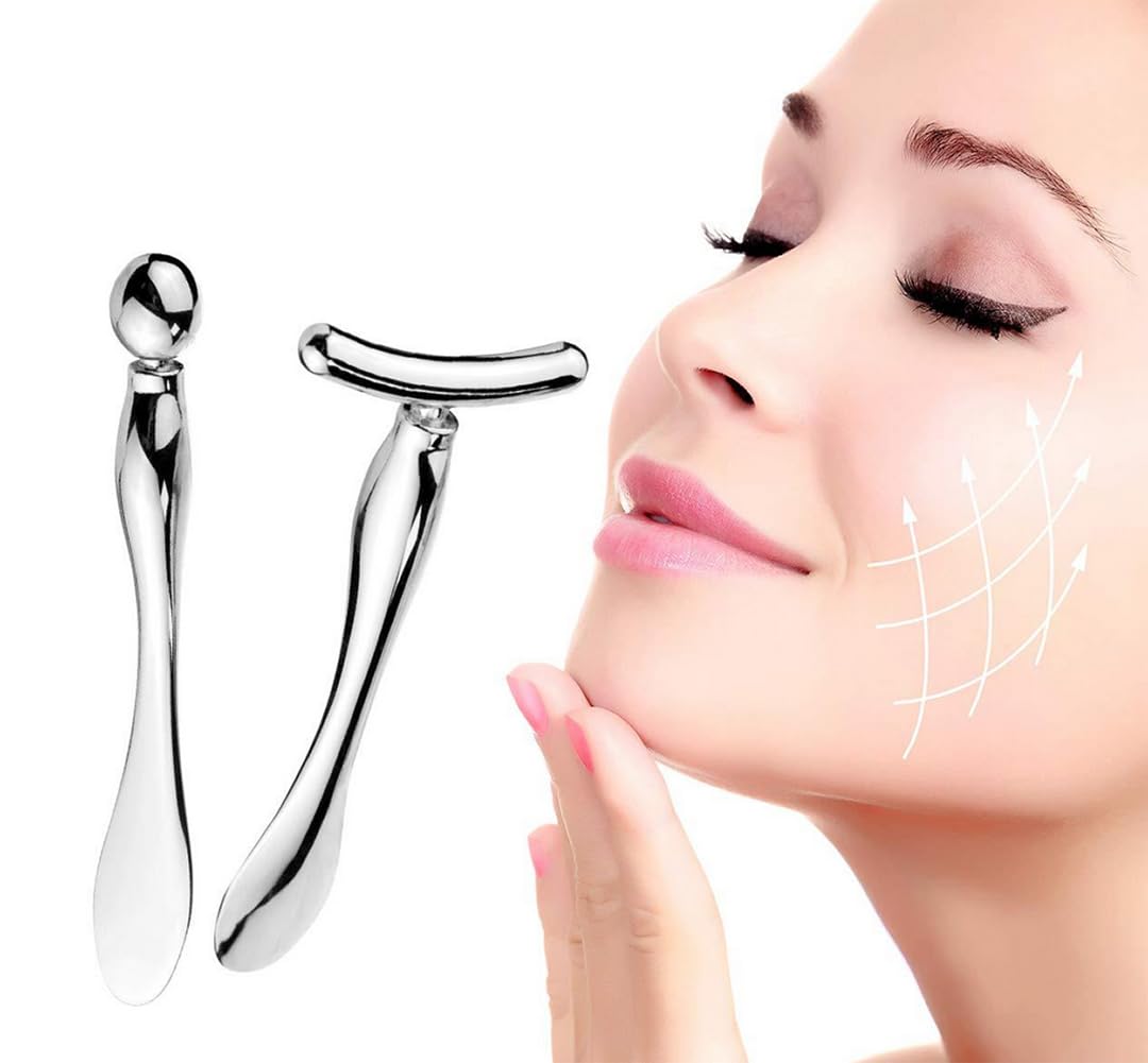 OHEETU 3Pcs Silver Metal Eye and Face Cream Applicators Makeup Cream Spoon Roller Stick T-Shaped Eyes Facial Massager Sticks Cosmetic Skin Care Tools