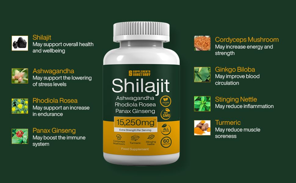 Shilajit, Ashwagandha, Rhodiola Rosea, Ginseng, Cordyceps Mushroom, Ginkgo Biloba, Nettle, Turmeric- 15,520mg per Serving- 60-180 Vegan Capsules - 60 Servings per tub (2)