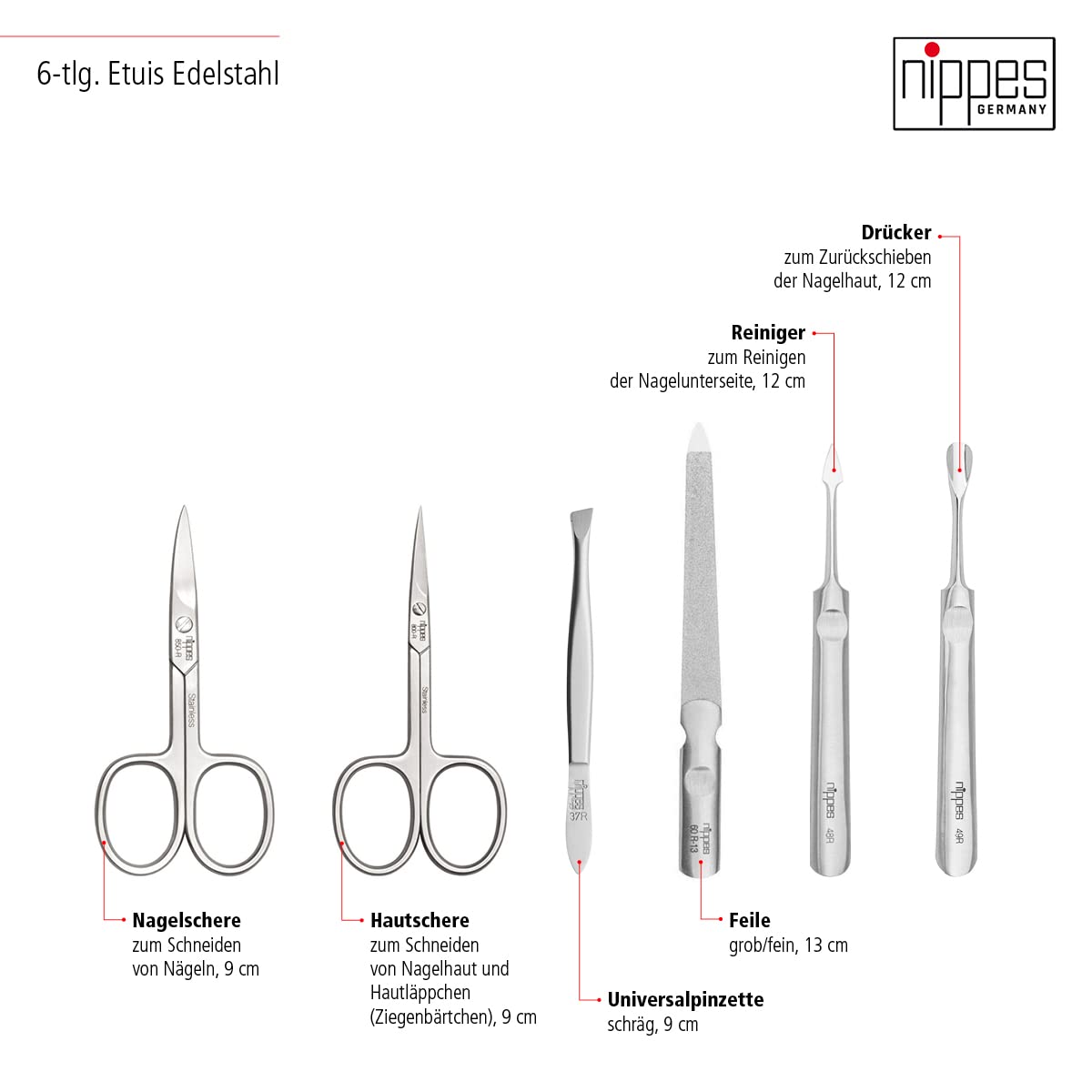 nippes Solingen Nippes Solingen Nippes Premium Line Manicure Set 6 Pieces Stainless Steel Rust and Nickel Genuine Cowhide Leather Case with Zip Fastener Brown