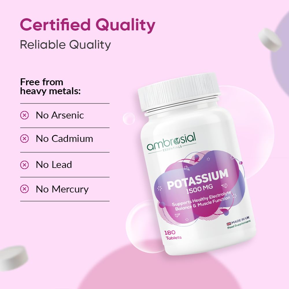 AMBROSIAL Ambrosial Potassium Chloride 1500 mg – High Strength Potassium Supplement – 778 mg Elemental Potassium – Daily Mineral Support for Muscle, Nerve & Balance – UK Made, GMP Certified – 180 Tablets