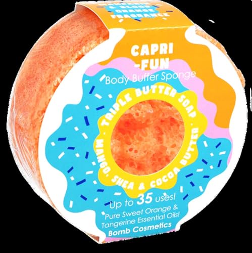 Bomb Cosmetics Body Buffer Soap Infused Sponge 2 in 1 Cleanse Exfoliate Moisturising Triple Butter Soap Sponge with Soap Inside Capri-Fun