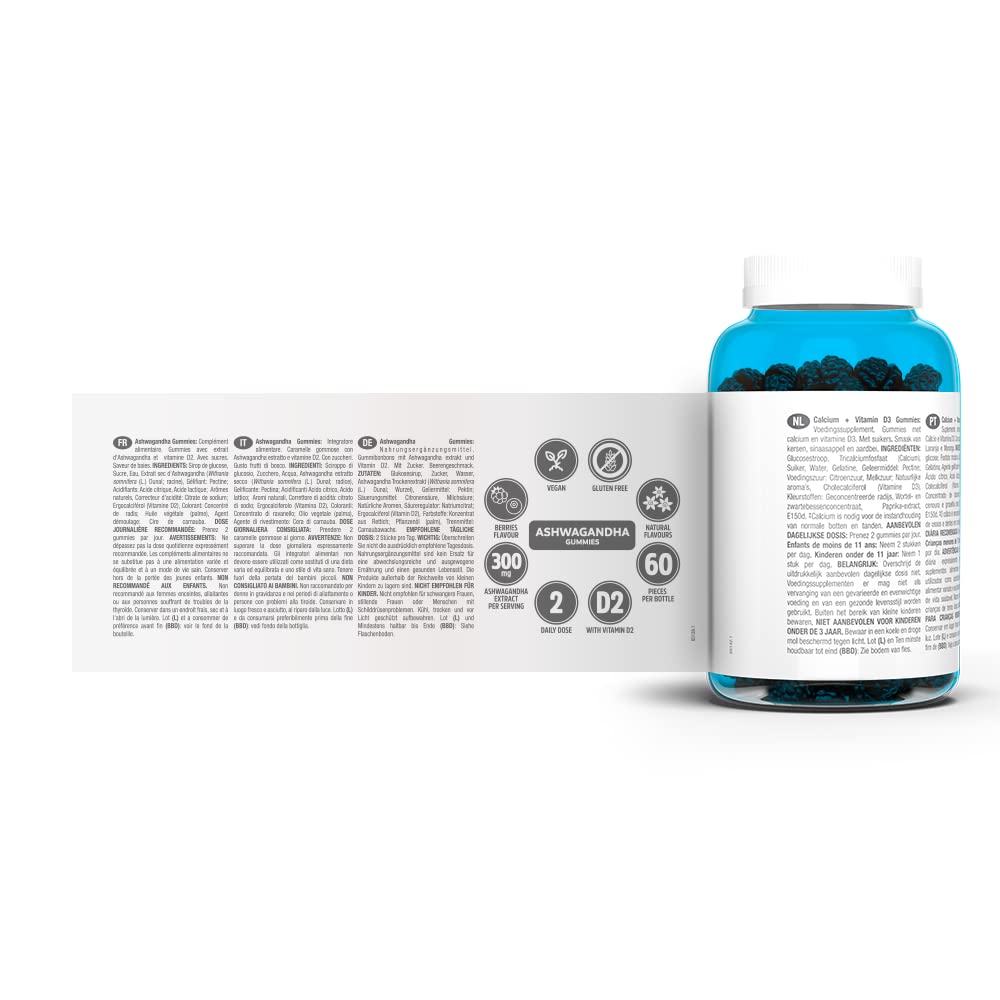 VITALDIN Ashwagandha Gummies – 300 mg Ashwagandha Root Extract KSM-66 & 1.000 IU Vitamin D2 – 60 Chewable Gummies (1 Month Supply) Berries Flavour – Anti-Stress adaptogen; Calm and Relaxation – Vegan