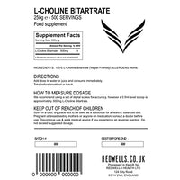 Choline Bitartrate Powder REDWELLS Cognitive Enhancer GMO Free Vegan - 250g Pack