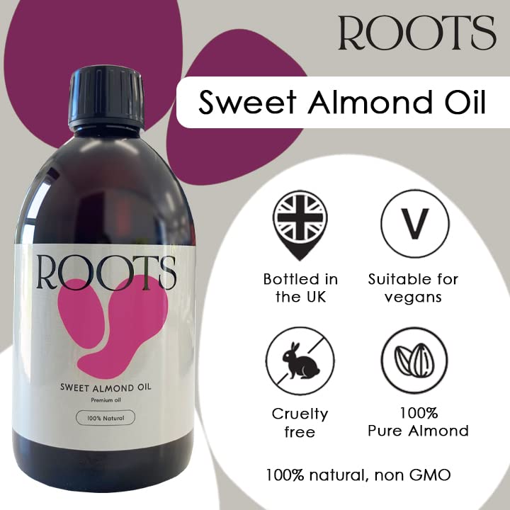 Roots Sweet Almond Oil, suitable for vegans & cruelty free. Rich in essential fatty acids and vitamins. Excellent for soothing and nourishing skin & hair