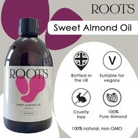 Roots Sweet Almond Oil, suitable for vegans & cruelty free. Rich in essential fatty acids and vitamins. Excellent for soothing and nourishing skin & hair