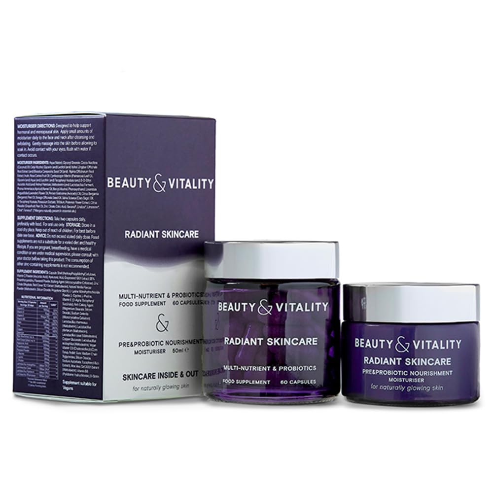 Beauty & Vitality Radiant Skincare Kit for Menopausal Skin - Probiotic Moisturiser (50ml) and Supplements (60 Capsules) for Inside-Out Rejuvenation.