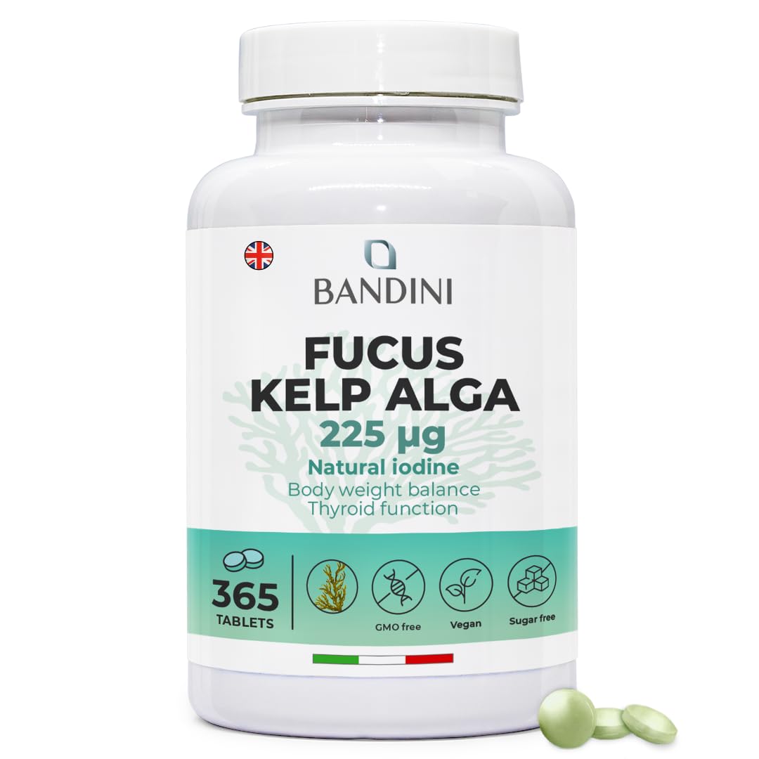 Bandini® Fucus Kelp Algae (Seaweed Natural Iodine 225mcg) - 365 Tablets (1 Year Supply) - High Strength, Vegan - Brown Algae Titrated to 0.1% Iodine - Stimulates Energy Metabolism - Nail & Hair Health