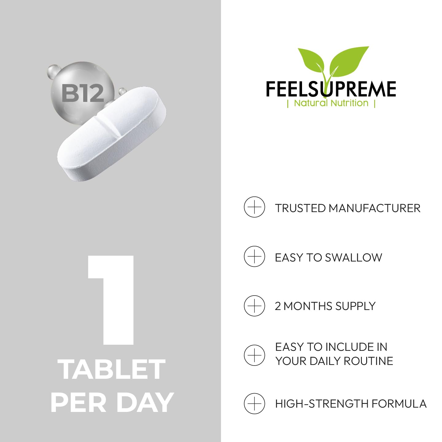 Feel Supreme Vitamin B12 1000mcg Tablets High Strength - Methylcobalamin B12 Supplement - Energy, Immune Support & Brain Function - Vegan Vitamin B12 Tablets for Men & Women - 60 Tablets UK Made