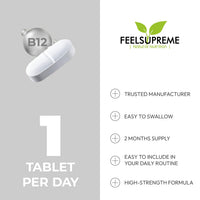Feel Supreme Vitamin B12 1000mcg Tablets High Strength - Methylcobalamin B12 Supplement - Energy, Immune Support & Brain Function - Vegan Vitamin B12 Tablets for Men & Women - 60 Tablets UK Made