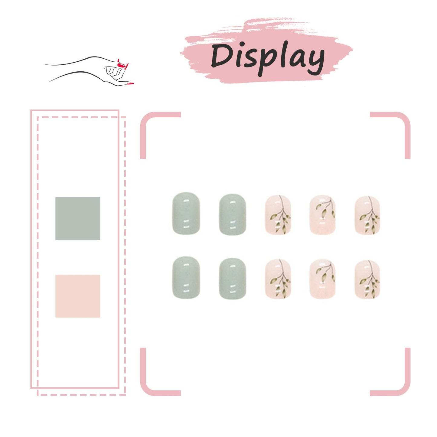 Ceboic 24Pcs Short Square False Nails Glossy French Tips Press on Nails Green Fake Nails with Elegant Leaves Designs Reusable Artificial Stick on Nails for Women Girls Nail Art Accessories