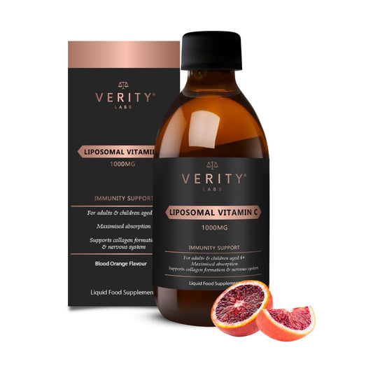 Verity Labs Liposomal Vitamin C for Adults & Kids | High Strength Liposomal VIT C Liquid 1000mg Antioxidant Immunity Support | No Ethanol, Maximum Absorption, Blood Orange Flavour, Vegan