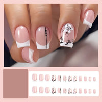JUSTOTRY 24 Pcs White French Short False Nails,Pink Square Press on Nails with Flower and Leaf Pattern,Glossy Fake Nails Medium for Nails Art,Squoval Stick on Nail for Women Gifts