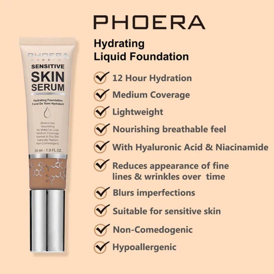 Phoera PHOERA Hydrating Serum Foundation, Hyaluronic Acid, Allantoin, Vitamin E, Tea Tree Oil Ideal For Dry And Sensitive Skin 12HR Skin Hydration, Medium Coverage, (SAND, 30ml)