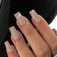 SXVME Light Gray Press on Nails Long Square, Nude Brown False Nails Medium Coffin, Glossy Gel Fake Nails Press on, Sheer Gel Stick on Nail for Women, 24 Pcs