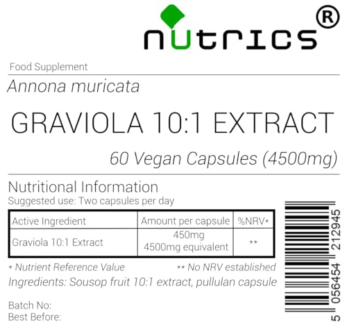 Nutrics® 4500mg GRAVIOLA Soursop V Capsules 10:1 Fruit Extract - 100% Pure Brazilian Paw Paw - Annona Muricata - 10 x Stronger Than Graviola Powder -– Choose from 120Capsules (2 Month Supply)