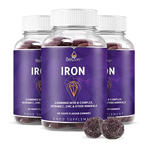 BeLive Iron Gummies Supplement with Vitamin C, A, Vitamins B Complex, Folate, Multivitamins for Women, Kids & Adults - Supports Energy, No After Taste, Vegan Supplements - Grape Flavor (180 Ct) (3 Pack)