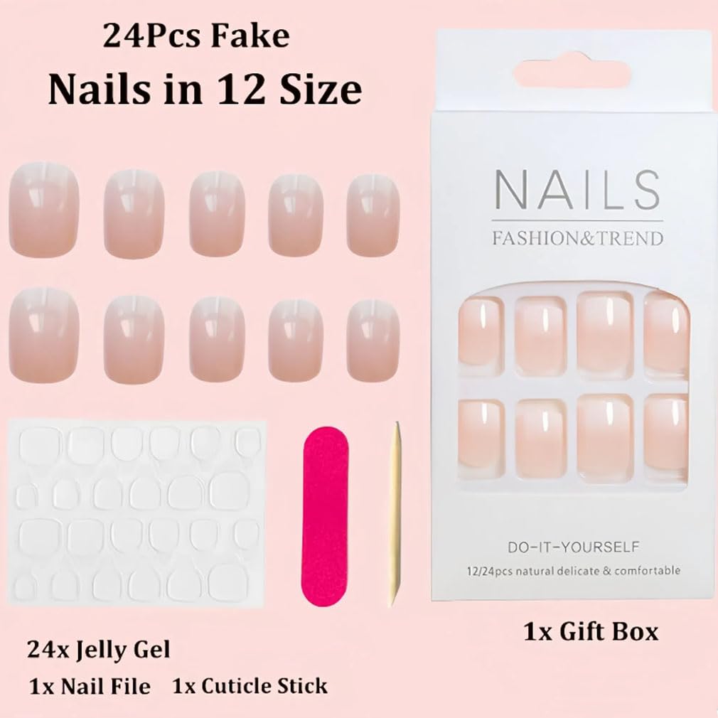 ruitao 24PCS Salon Acrylic French Nude Collection, Graceful, Medium Length Nude Fake Nails, Includes 24 False Nails, Nail Glue, Nail File, and Manicure Stick