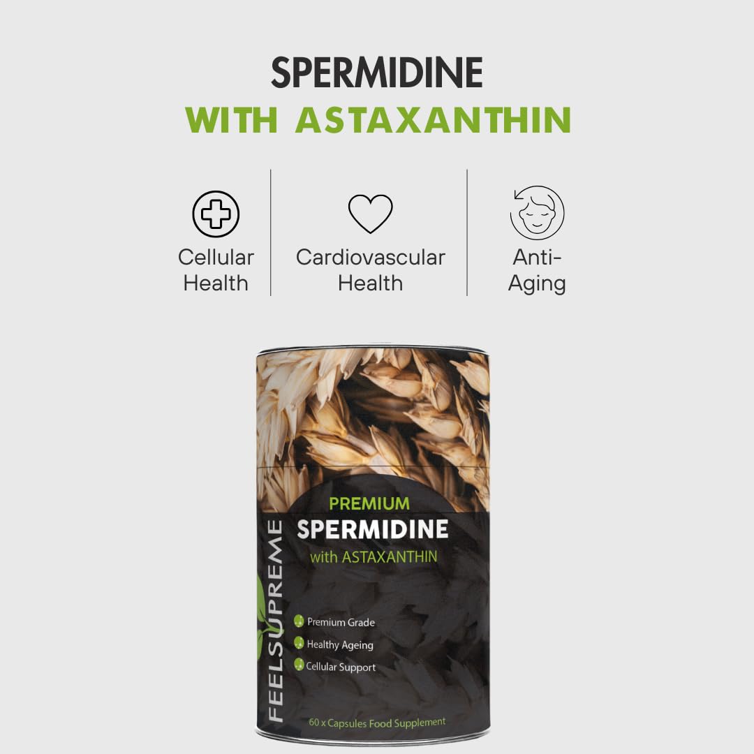 Feel Supreme - Spermidine with Astaxanthin Supplements - Anti Ageing, Cellular Health and Antioxidant Support - Plant Based Antioxidant Supplement, Spermidine Supplements- 60 Capsules