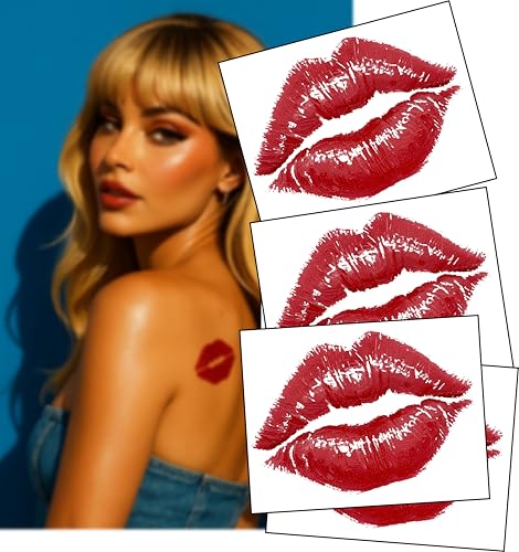 Inkwear Espresso Yourself – Famous Lipstick Kiss Tattoo (4-Pack) – 3" Red Lip Print – Pop Star-Inspired Back Tattoo – Temporary Ink That Hits Different