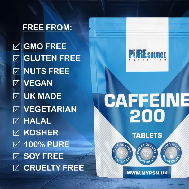 Caffeine Tablets 200mg Vegan Energy Tablet Pills Focus, Concentration, Energy Boost & Exercise Support Pre Workout Pill Improve Focus by Pure Source Nutrition (60 Tablets)