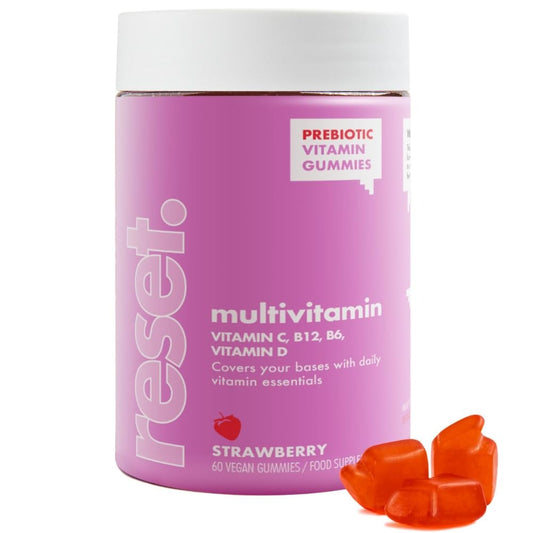 Reset This. Multivitamin Gummies 60 Vegan Strawberry Flavour Chewable Gummy Vitamin C & D, B12, B6, Essential Vitamins & Minerals, Reduces Tiredness & Fatigue Gluten Free Natural Flavours Prebiotic