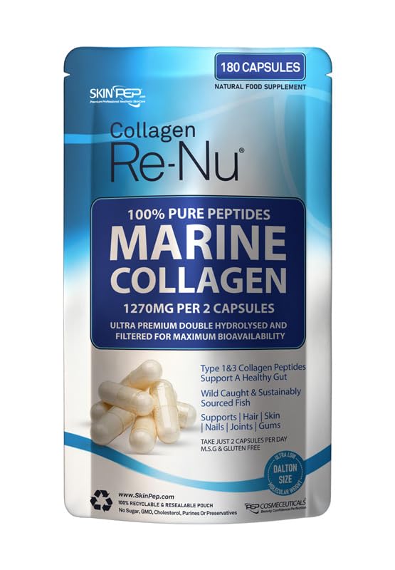 Skin Pep 100% Pure Marine Collagen 180 Capsules - 1270mg (Not Collagen Powder) - 3 Months Supply - Collagen Supplements for Women & Men - Premium Double Hydrolysed Type 1 Collagen Peptides by SkinPep
