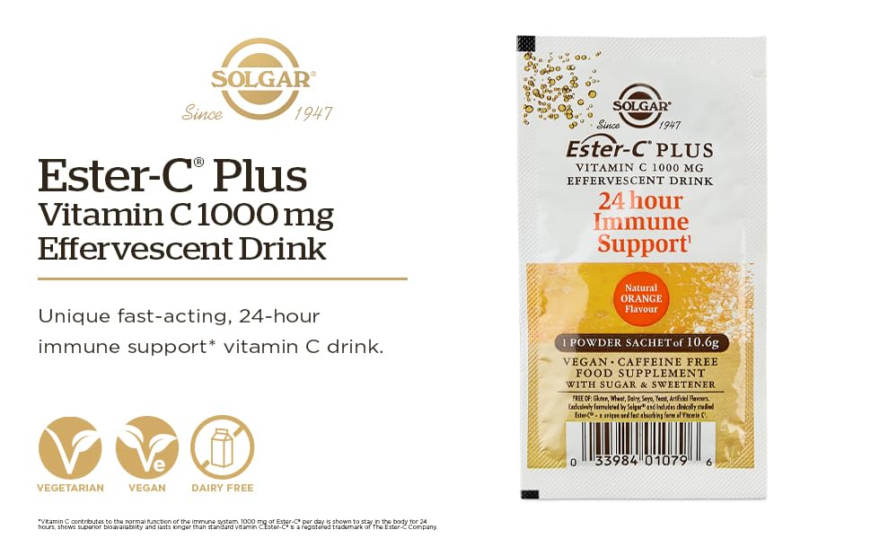 Solgar® Ester-C® Plus Effervescent - 7 x Sachets - Recharge Body and Mind - with B-Vitamins, Zinc and Magnesium - Immunity Support