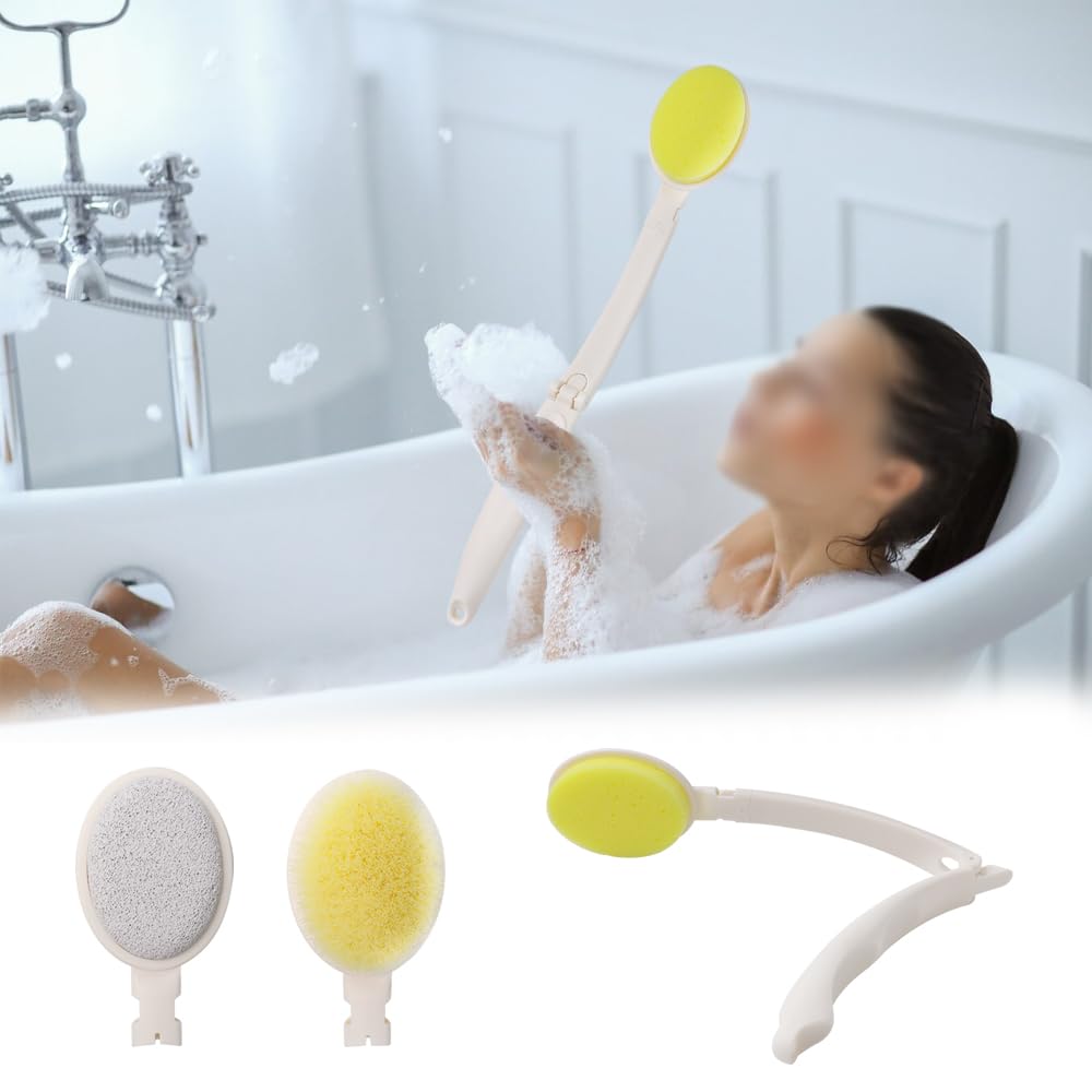 Hsthe Sea 3 in 1 Back Scrubber for Shower, Back Lotion Applicator with Long Handle and 3 Interchangeable Heads, for Improving Blood Circulation, Cellulite Massage