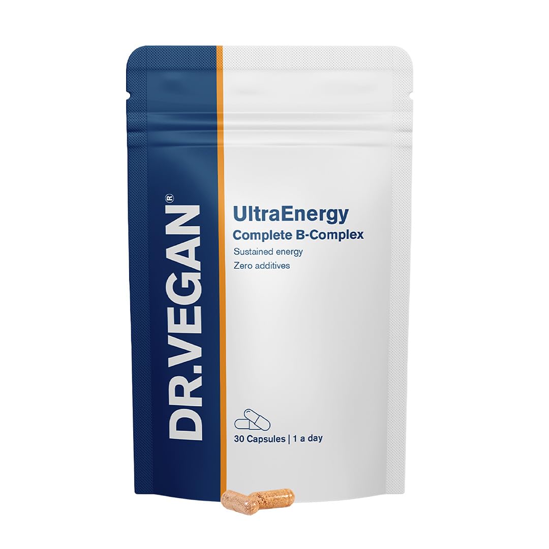 dr vegan UltraEnergy High Strength Vitamin B Complex | Includes Vitamin B12 (100ug), Choline (50mg), Biotin (50ug) & Folate (200ug) | 30 Vegan Capsules | One-A-Day | DR.VEGAN®