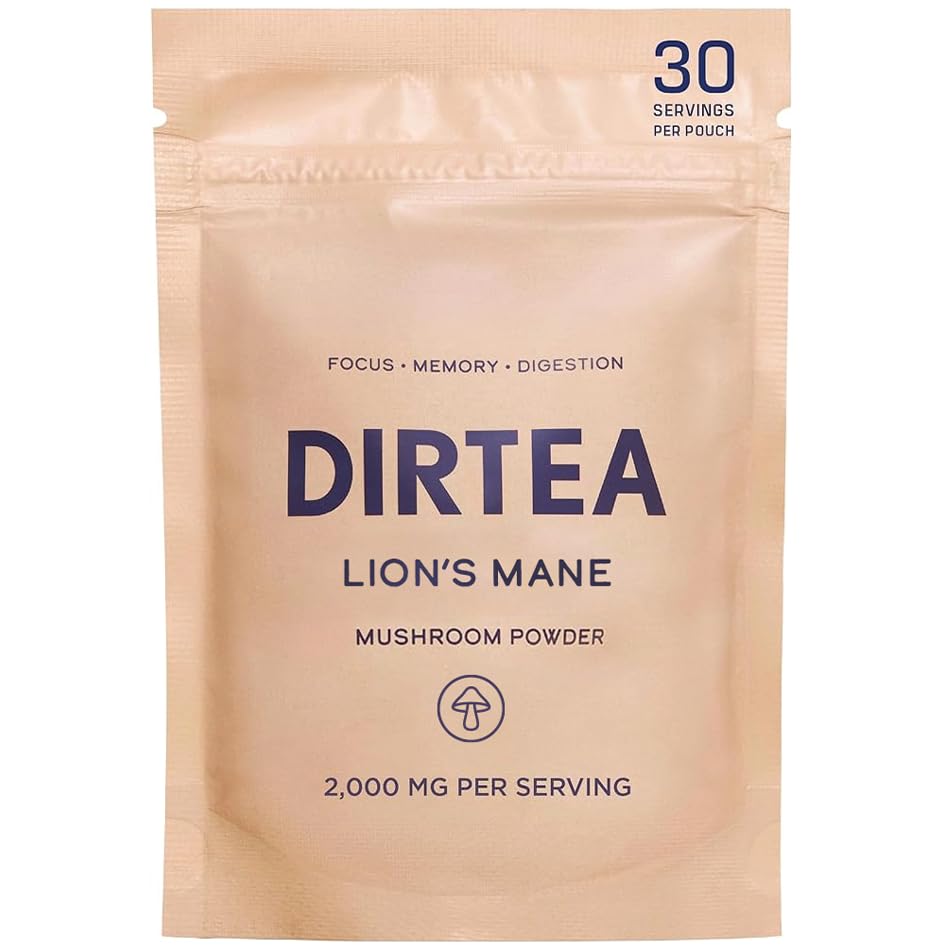 DIRTEA Lions Mane Mushroom Powder | 100% Organic | Vegan | Non GMO | Cognitive Function Support and Memory Booster Nootropic - Premium Lion's Mane Extract | Pouch 60g - 30 Day Serving