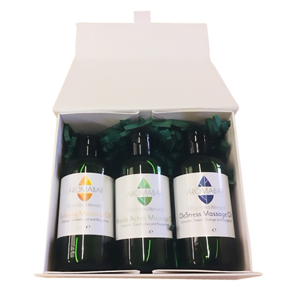 Aromabar Massage Oil Favourites Gift Set with Muscle Aches, De Stress & Relaxing Blends in Grapeseed (3 x 100ml)
