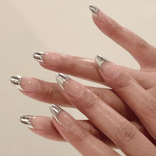 mgmxbsth Mgmxbsth 24Pcs Almond Fake Nails,Sliver Press on Nails,Frech Style Glossy Fake Nails, Stick on Nails with Designs Stick for Women and Girls (Casual)