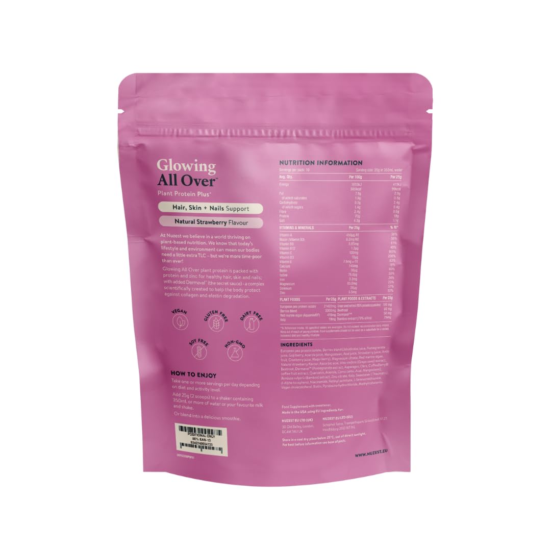 Nuzest Protein Plus | Glowing All Over | Strawberry | Support of Healthy Hair, Skin, Nails and Collagen Production | Vitamins and Minerals | 250g (10 Servings)