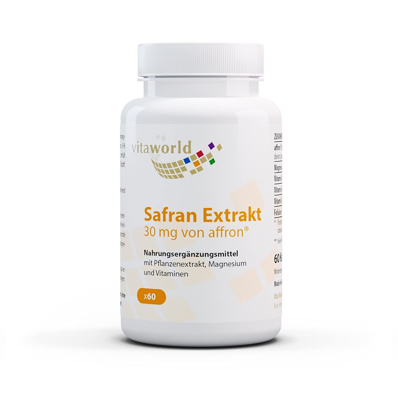 Vita World Saffron Extract 60 Capsules 100% Natural Saffron, with Magnesium and B Vitamins, Vegan/Vegetarian Made in Germany