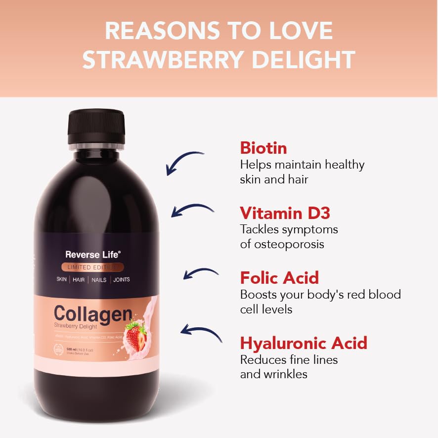 Reverse Life Collagen Supplement, Strawberry Delight Flavour, with Biotin, Vitamin D3, Folic Acid, and Hyaluronic Acid for Hair, Skin and Nails