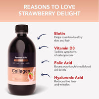 Reverse Life Collagen Supplement, Strawberry Delight Flavour, with Biotin, Vitamin D3, Folic Acid, and Hyaluronic Acid for Hair, Skin and Nails