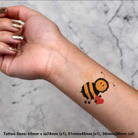 4 x 'Cartoon Bee' Temporary Tattoos - Water Resistant, Skin-Safe, Non-Toxic Transfers, Mixed Sizes (TO00058794)