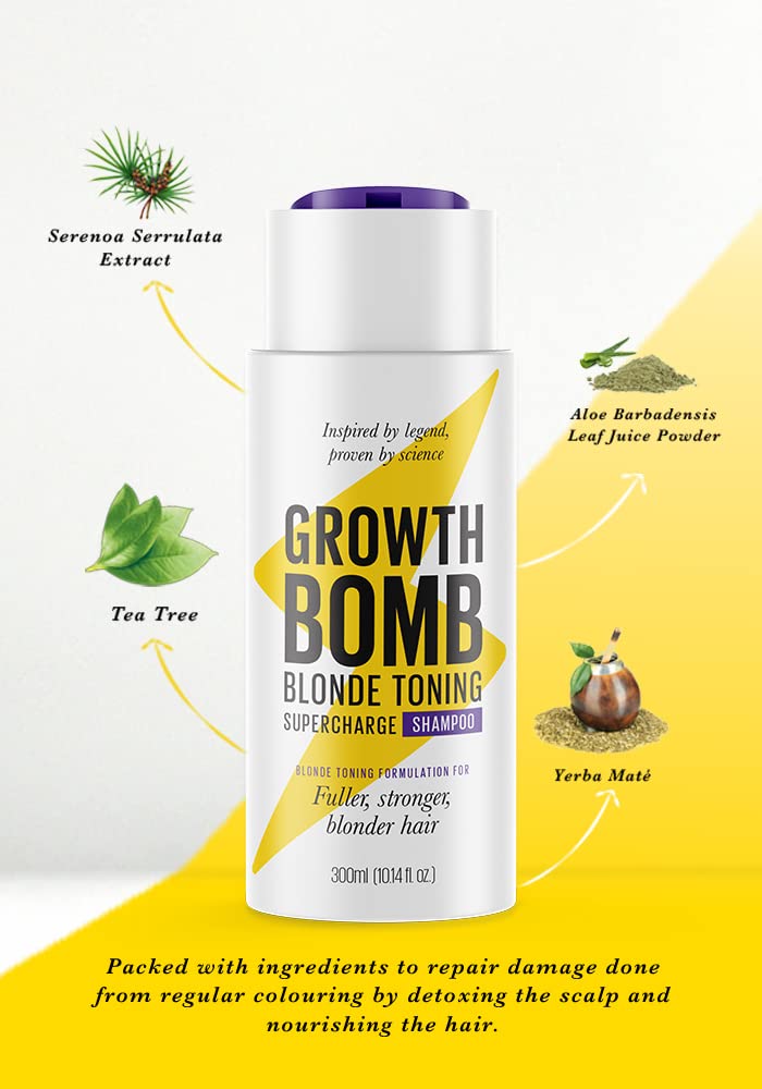 Growth Bomb Blonde Toning Supercharge Shampoo 300ml - For fuller, stronger blonder hair. Yerba Maté. Natural Ingredients. Stimulates Growth.