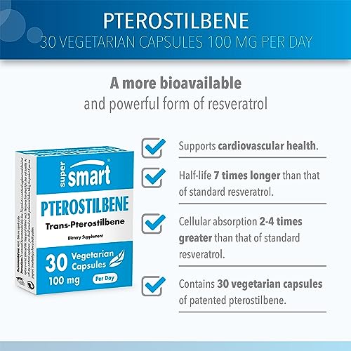 SUPERSMART Supersmart - Pterostilbene 100 mg Per Day - More Powerful Than Resveratrol Supplement - Anti Aging & Antioxidant - Metabolic Booster | Non-GMO & Gluten Free - 30 Vegetarian Capsules