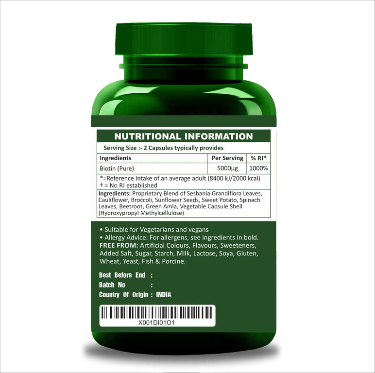 Herbal Magic's Pure & Natural Blend - Biotin x 60 Capsules - UKAS LAB Tested in UK (5000mcg in 2 caps) - Made from 14 x Fruits, Vegetables & Herbs - Free from fillers/Preservatives/Color/Maltodextrin