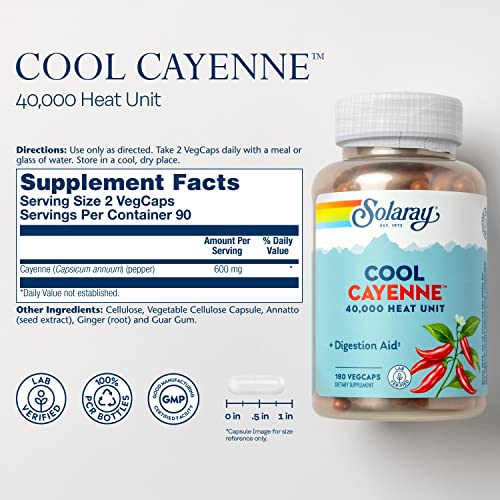 SOLARAY Cool Cool Cayenne 40,000 HU, Healthy Digestion, Circulation, Metabolism & Cardiovascular Support 180 VegCaps